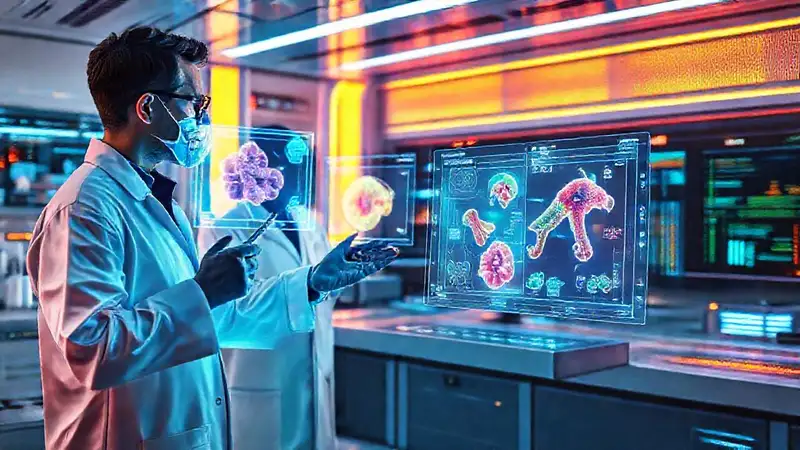 Laboratorio futurista con científicos y tecnología avanzada
