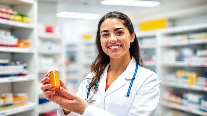 Farmacéutica estudiando con actitud confiada