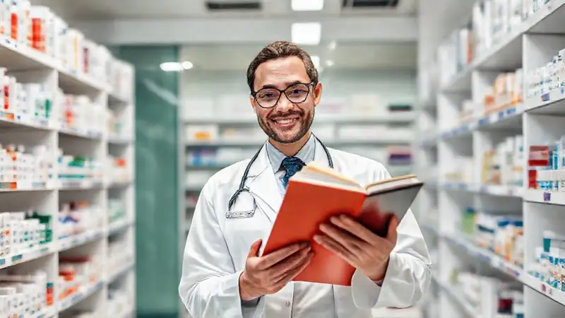 Farmacéutico leyendo en ambiente moderno y profesional