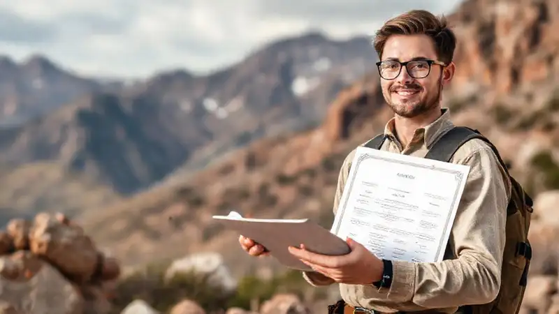 Estudiante de geología con certificado y herramientas