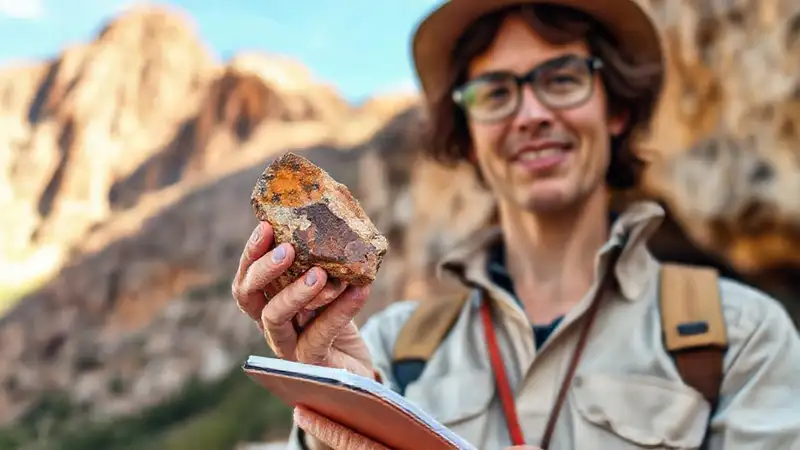 Geólogo con muestra de roca en entorno natural
