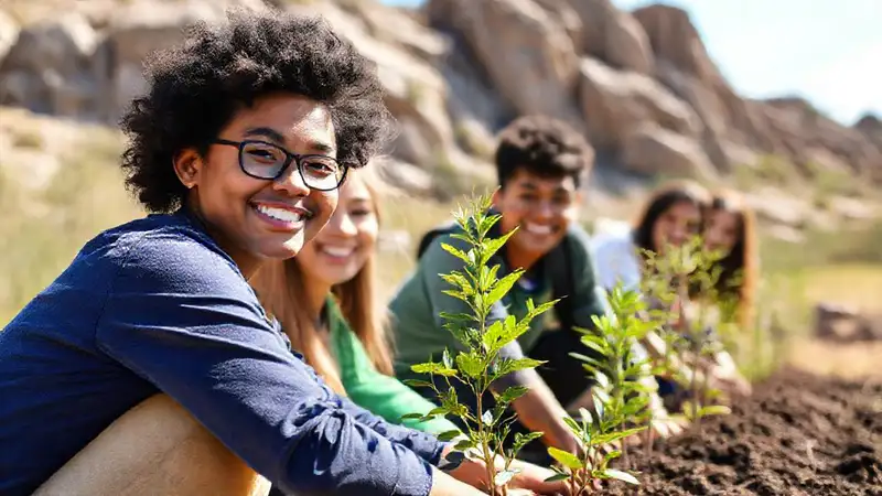 Estudiante voluntario planta árboles en naturaleza alegre