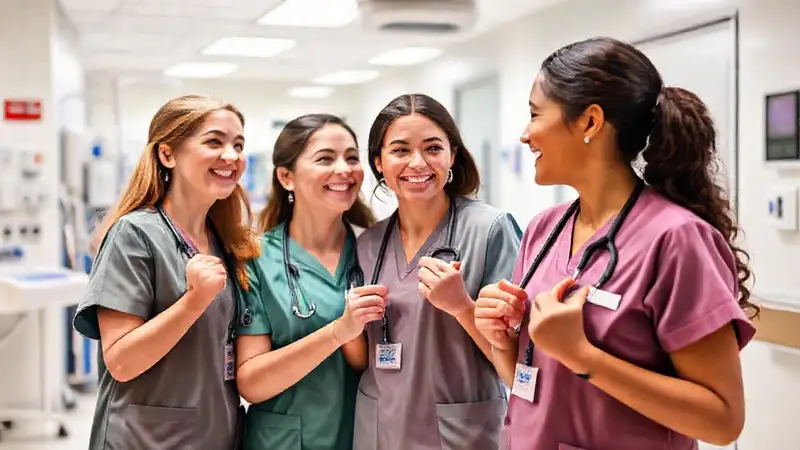 Enfermeras graduadas sonrientes en hospital moderno