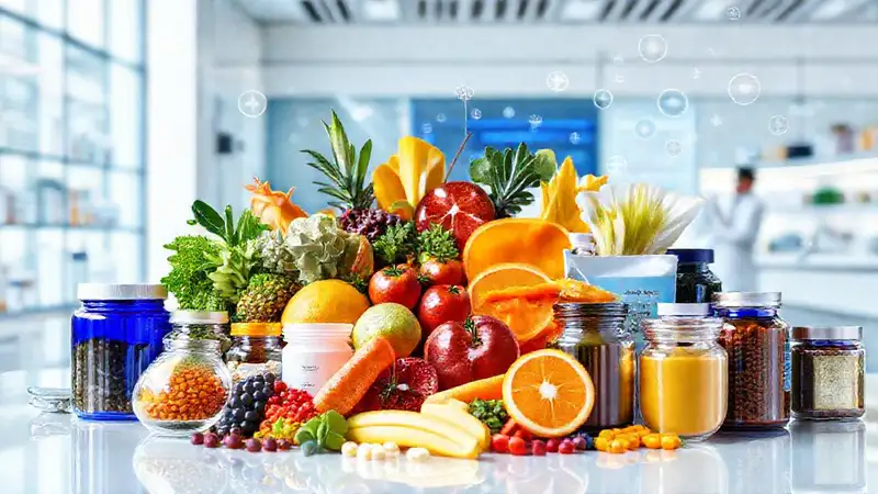 Variedad de productos saludables, tecnología y diseño futurista