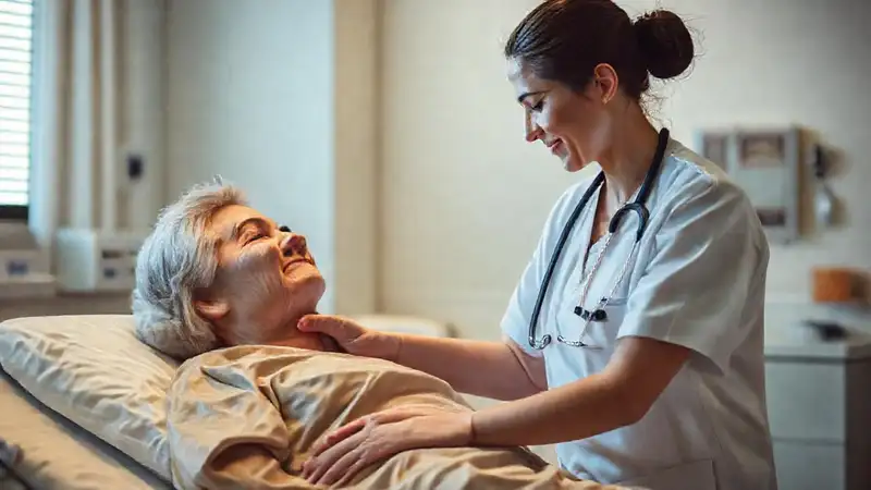 Enfermera cuida con empatía en clínica moderna