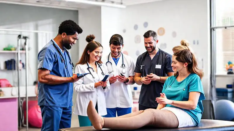 Profesionales de salud colaborando en clínica moderna