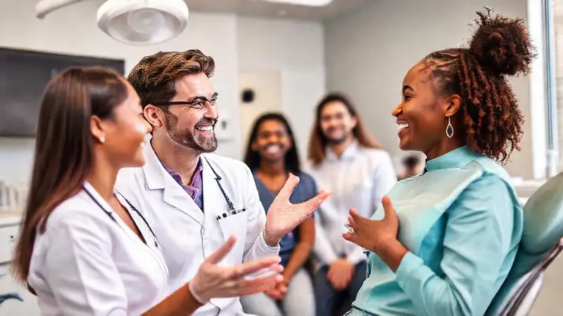 Dentista sonriente en clínica moderna y acogedora