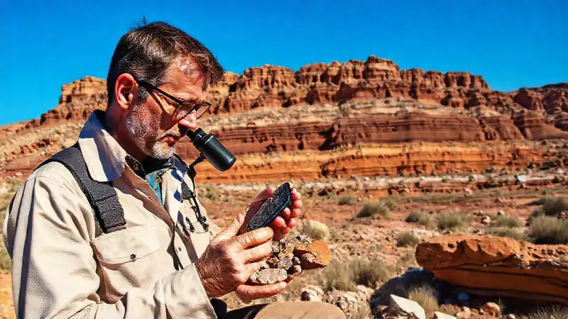 Geólogo examina rocas en paisaje diverso