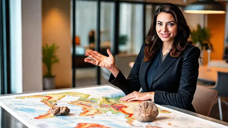 Mujer profesional presenta mapas y rocas
