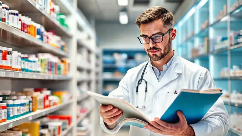 Farmacéutico estudiando en farmacia moderna organizada