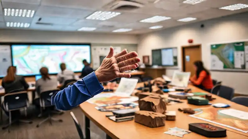 Aula de geología con interacción y colaboración