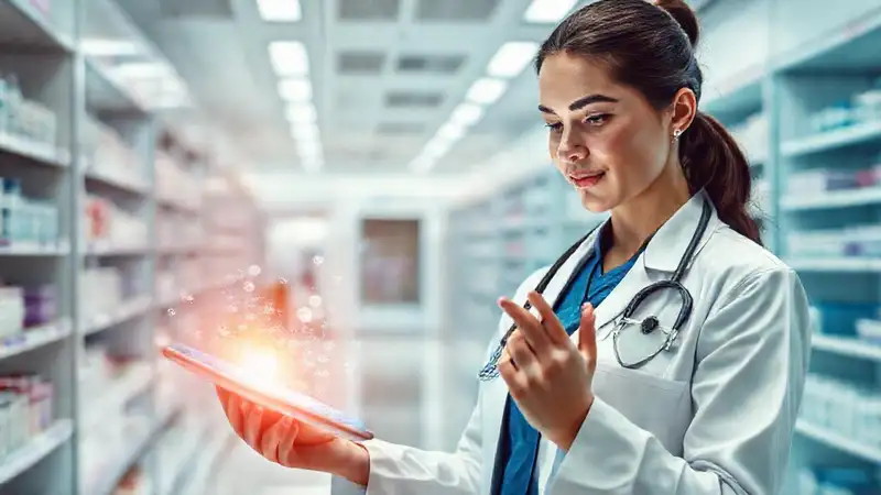 Farmacéutico usa tableta en farmacia futurista