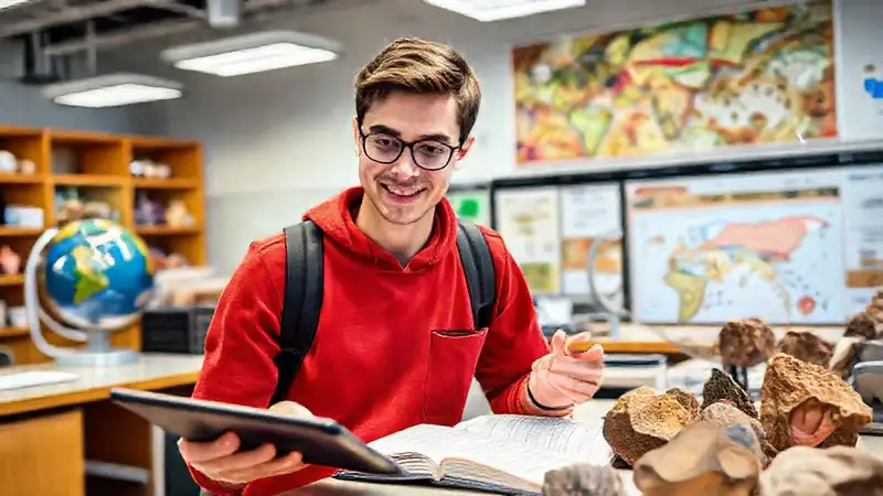 Estudiante de geología en un laboratorio moderno