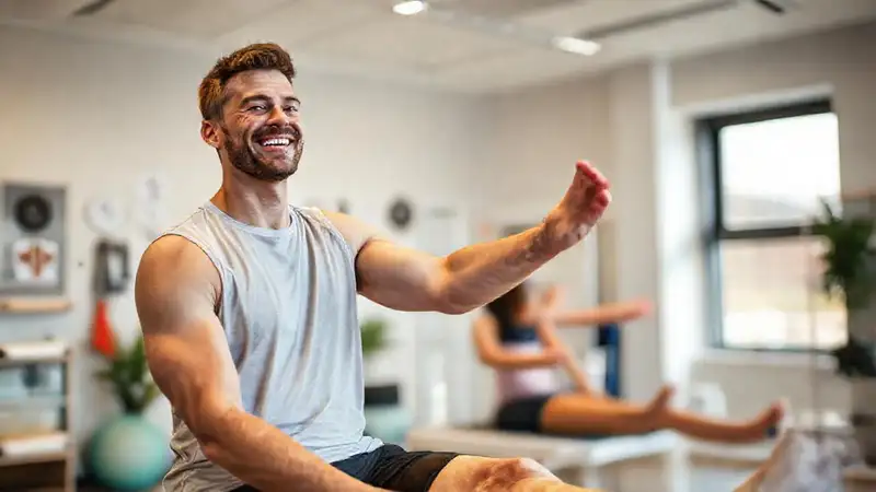 Atleta lesionado sonríe en terapia física moderna