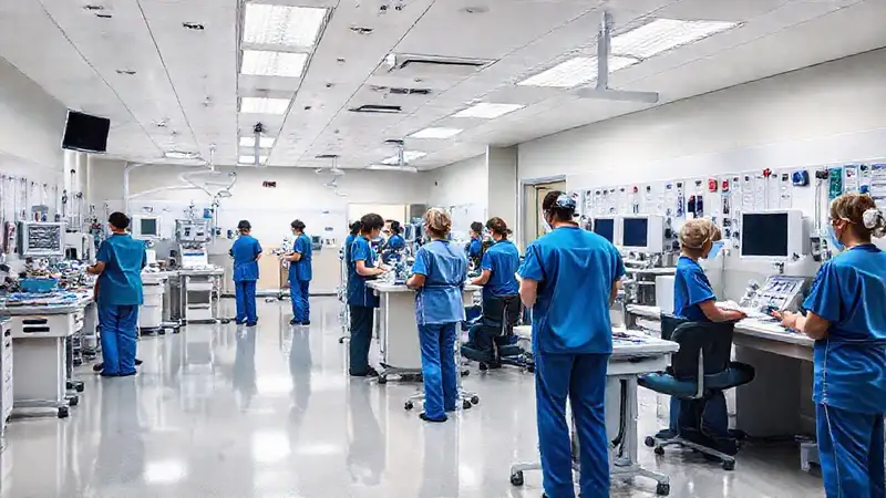 Sala de hospital con enfermeras y equipo médico