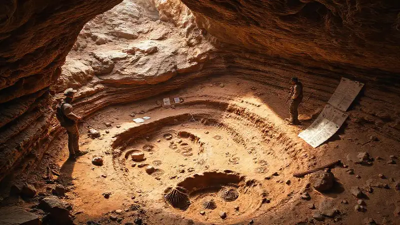 Sitio de excavación con fósiles y estratos