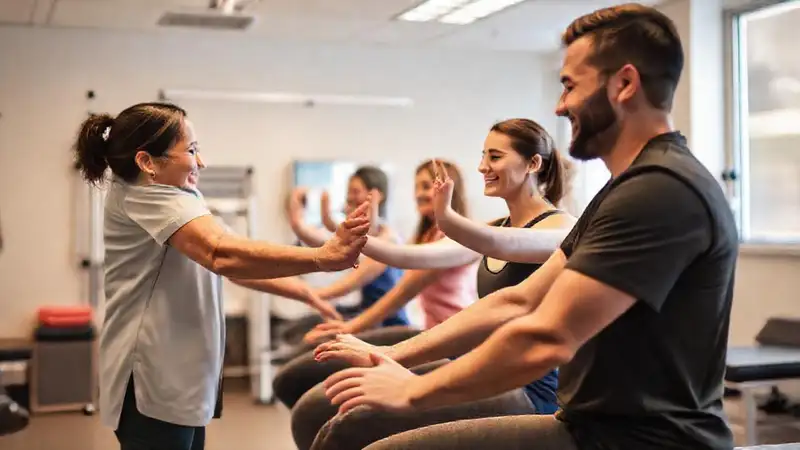 Terapeuta ayuda en clínica moderna con pacientes