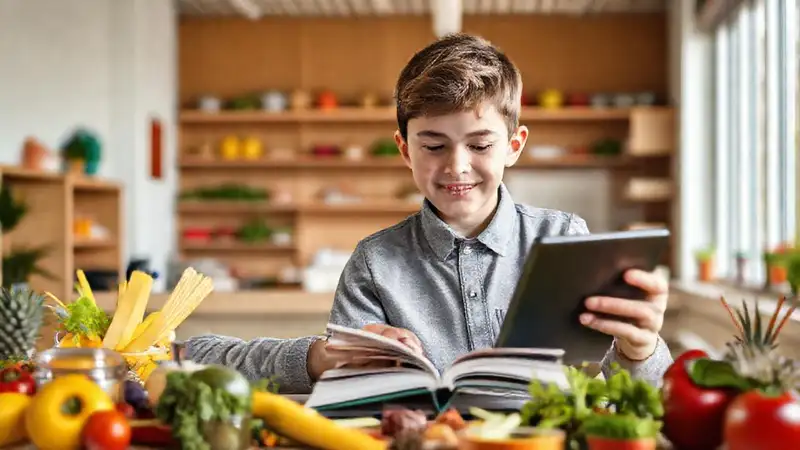 Estudiante estudia nutrición en espacio vibrante