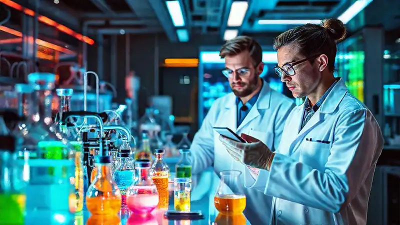 Laboratorio futurista con científicos y reacciones químicas