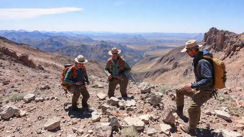 Geólogos exploran formaciones en terreno montañoso
