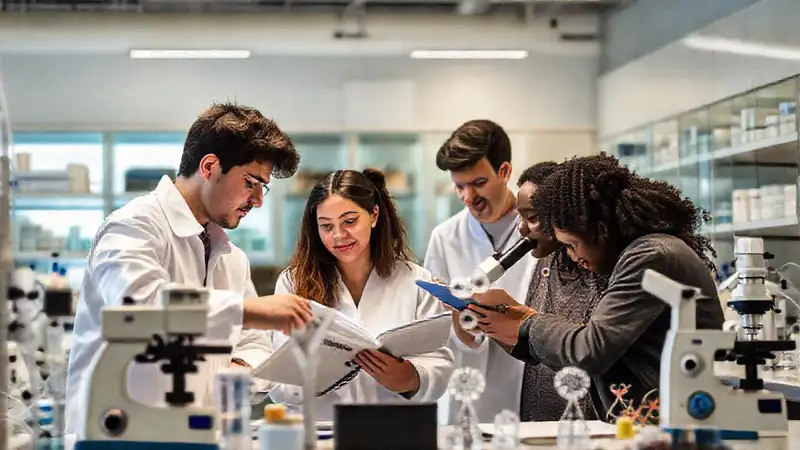 Estudiantes en laboratorio moderno colaborando con equipos