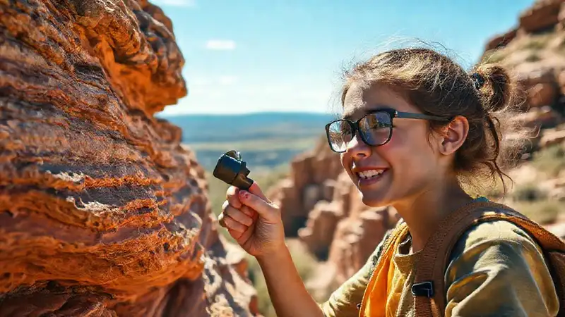 Estudiante explorando rocas con entusiasmo y detalle