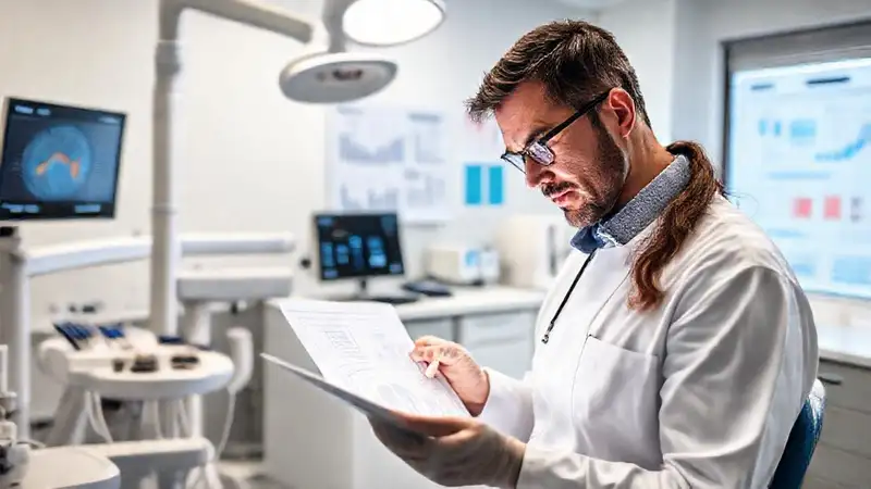Dentista revisa datos en laboratorio moderno