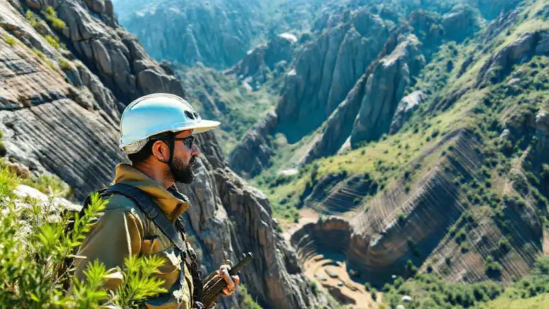 Geólogo en paisaje montañoso con herramientas