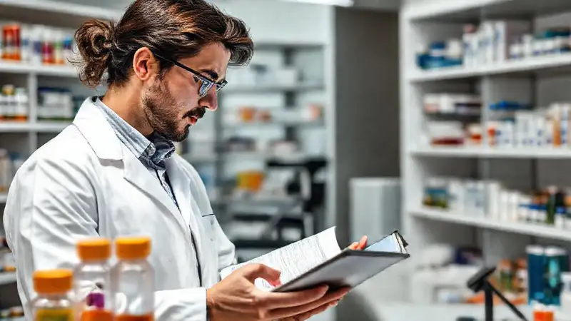 Profesional de farmacia investigando medicamentos en laboratorio