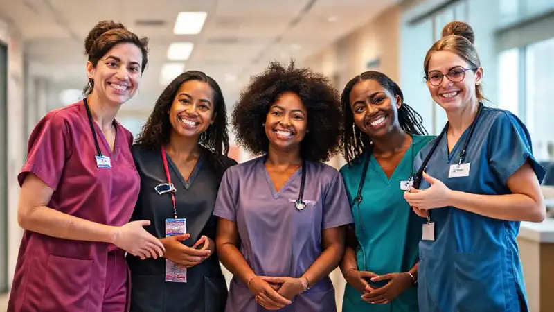Enfermeras multiculturales en hospital inclusivo y profesional