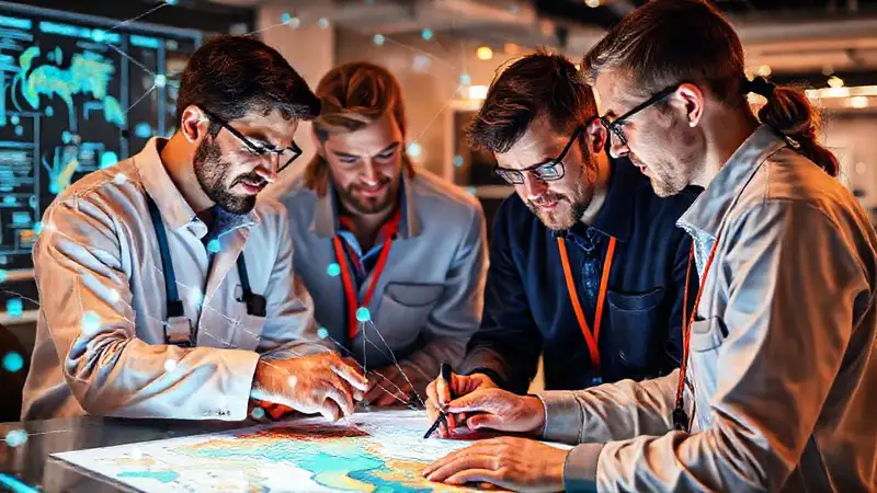 Geólogos colaborando con herramientas digitales modernas