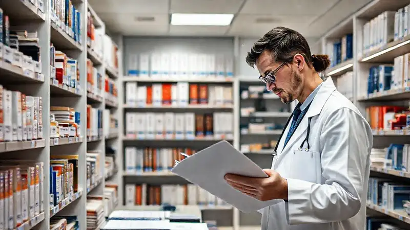 Farmacia moderna con libros y farmacéutico buscando