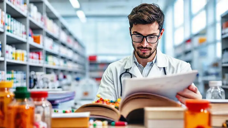 Estudiante estudia en biblioteca con medicamentos y equipo