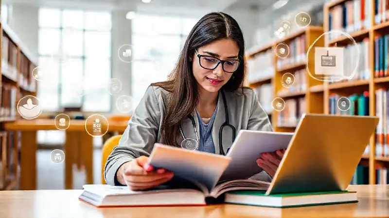 Estudiante estudia con tecnología en biblioteca moderna