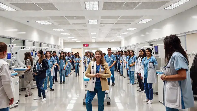 Campus universitario moderno con estudiantes de enfermería