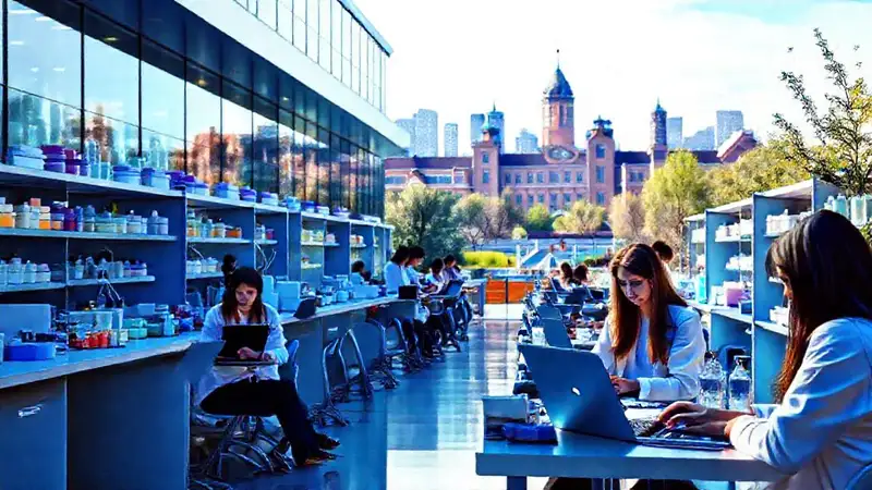 Campus universitario moderno con estudiantes estudiando