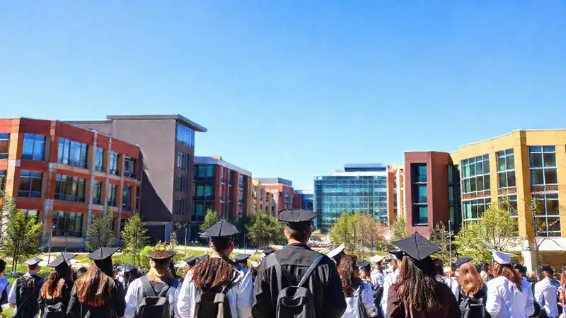 Estudiantes de farmacia en campus moderno y diverso