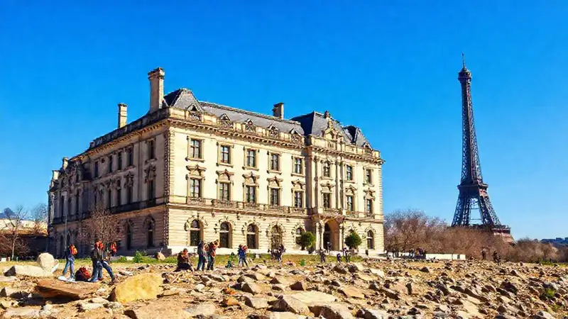 Universidad de París con estudiantes y paisaje urbano