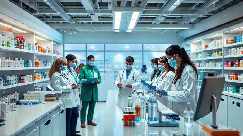 Capacitación farmacéutica moderna en entorno futurista