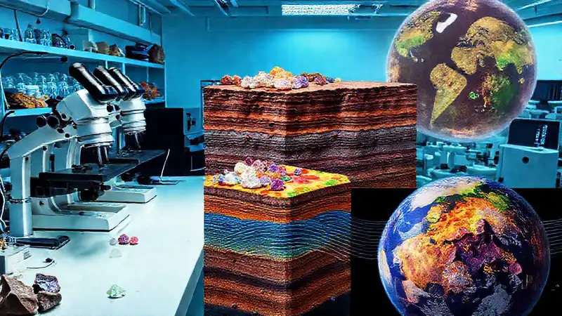 Laboratorio geológico con minerales y capas estratificadas