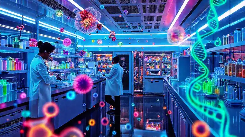 Laboratorio futurista con científicos y biotecnología
