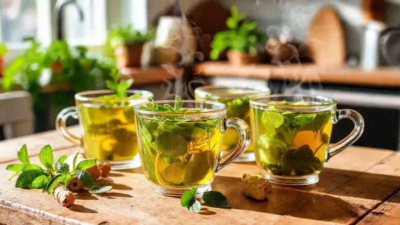 Tazas de té herbal en cocina acogedora