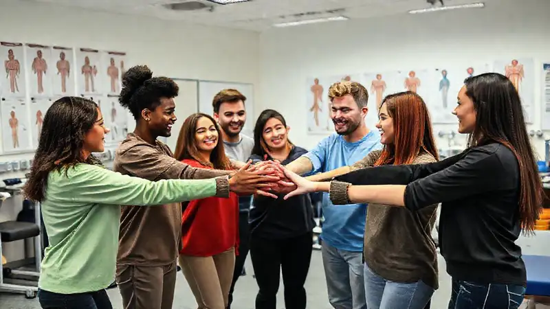 Estudiantes diversos colaboran en aula moderna