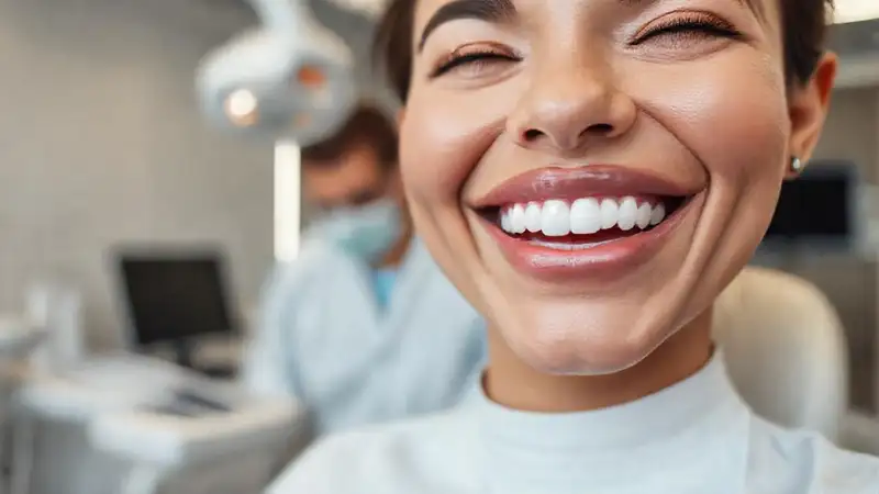 Sonrisa brillante en clínica dental moderna y limpia