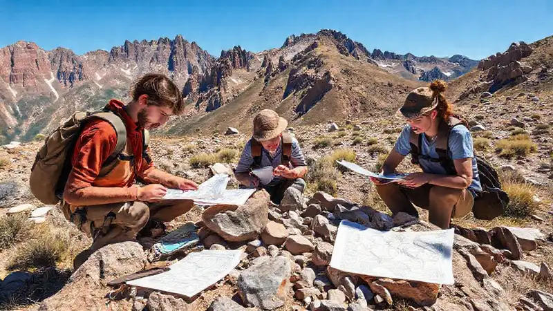 Estudiantes explorando rocas en paisaje montañoso