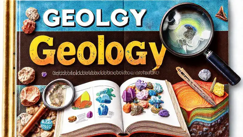 Portada geológica con minerales y herramientas