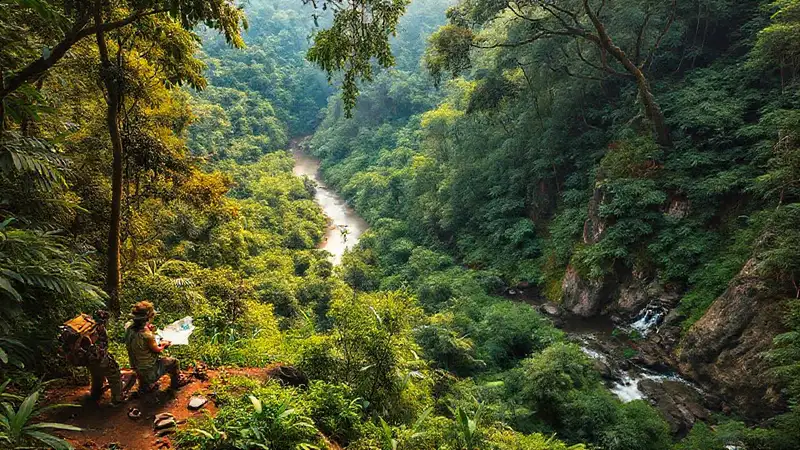 Exploradores en selva amazónica con mapas y herramientas