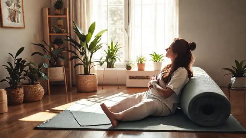 Terapeuta relajándose en ambiente armonioso y minimalista