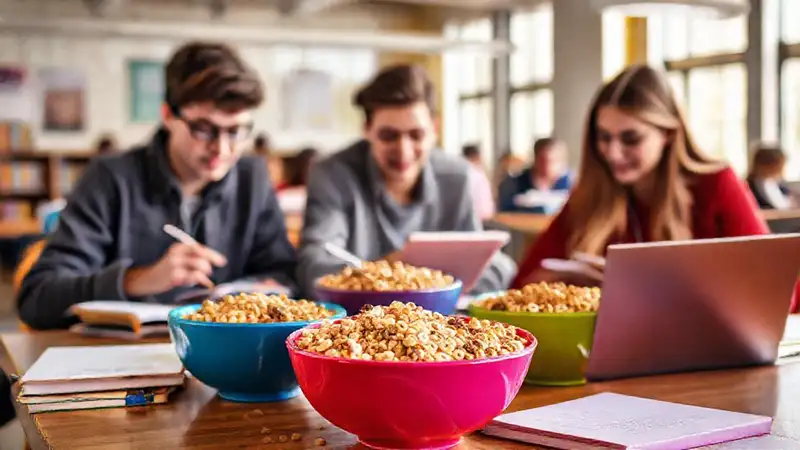 Estudiantes comen cereal saludable en estudio universitario