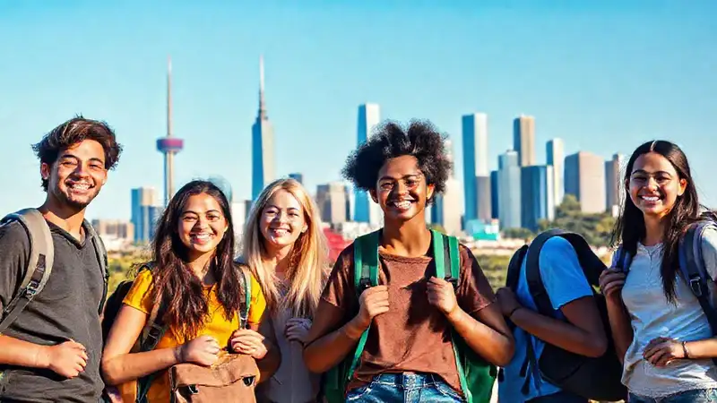Estudiantes diversos sonrientes en ciudad vibrante